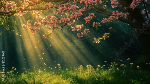 Obraz przedstawia drzewo w pełnym rozkwicie różowych kwiatów, oświetlone promieniami wiosennego słońca