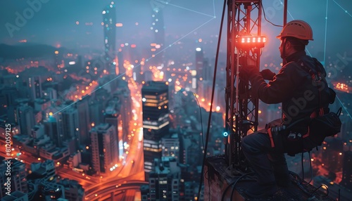 An engineer installing a 5G antenna on a rooftop, with a cityscape in the background showing multiple signal beams