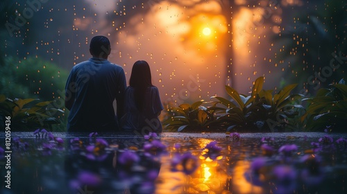 Mężczyzna i kobieta siedzą na drewnianej ławce w deszczowy dzień, otoczeni naturą. Trzymają parasol nad sobą, chroniąc się przed opadami. Ich ubrania są zmoczone, a na twarzach widać uśmiechy
