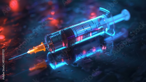 Glowing hologram of syringe 3D model with dark background
