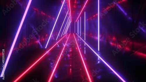 A long narrow futuristic Neon Light Tunnel with red and purple lights. The lights are arranged in a way that they seem to be moving. The scene is energetic and exciting