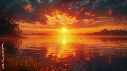 Słońce zachodzi nad jeziorem, a w pierwszym planie widoczna jest zielona trawa. Obraz przedstawia spokojny krajobraz natury w chwili zachodzącego słońca