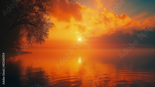 Obraz przedstawia zachód słońca nad spokojną powierzchnią wody. Kolory nieba przeplatają się z odcieniami wody, tworząc malowniczy krajobraz