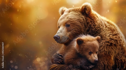 Hyper realistic super cute mama bear hugging baby bear. Happy mother's day greeting card concept