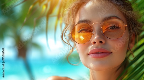 Kobieta w modnych okularach stojąca obok palmowego drzewa na plaży w słońcu