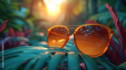 Para okularów słonecznych leży na górze liścia. Okulary są stylowe i trendy, idealne na plażę podczas słonecznego dnia