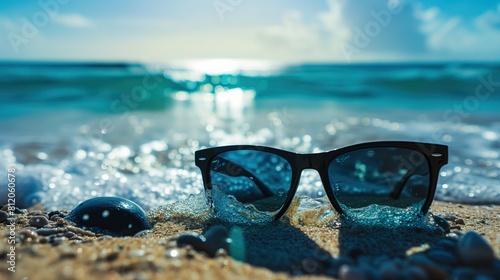 Okulary przeciwsłoneczne leżące na wierzchu piaszczystej plaży w promieniach słonecznych