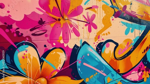 Na kolorowym murze widoczne są malowane kwiaty różnych kolorów i kształtów. Kwiaty dodają świeżości i życia tej ścianie, tworząc interesujący i barwny obraz