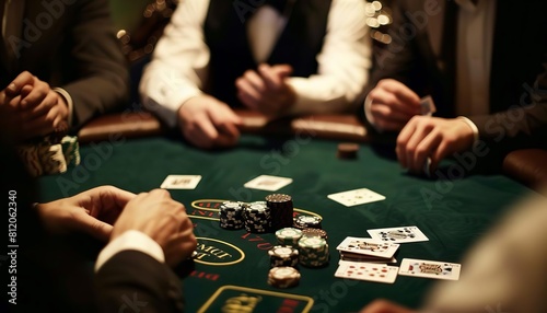 An exclusive highstakes poker game in a private casino room, with wealthy individuals betting large sums