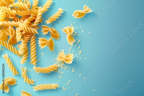 A pile of pasta with a blue background