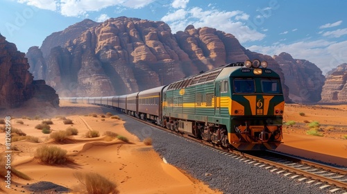 Locomotive train in the desert, Railway through the mountains, transport theme.