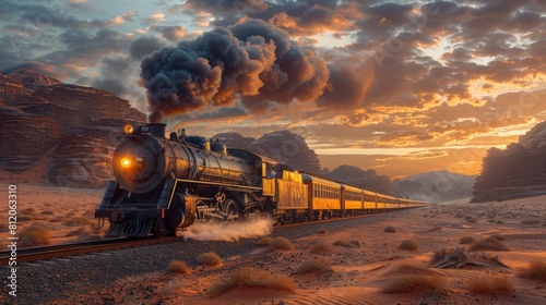 Locomotive train in the desert, Railway through the mountains, transport theme.