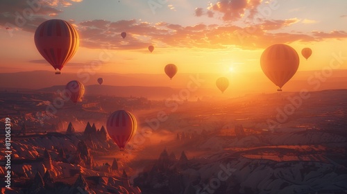 Flying hot air balloons and rocky landscape during sunrise.