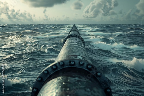 A long pipe is in the ocean, and the water is choppy