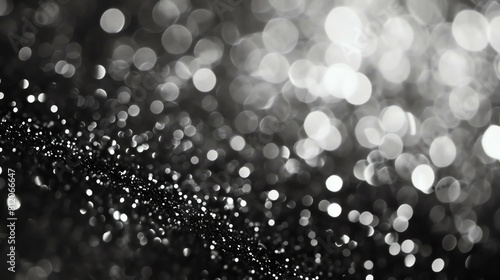 Black and white abstract background with a sprinkling of glitter and a blurred background of twinkling lights.