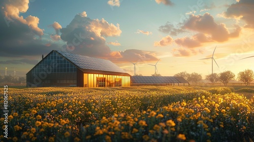 A conceptual image of a zerowaste feedmill utilizing renewable energy, emphasizing sustainability in agriculture The feedmill is depicted with solar panels and wind turbines, symbolizing ecofriendly p