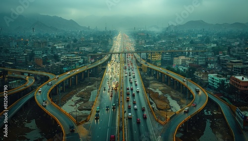 Capture the sense of scale and perspective in a panoramic shot of a sprawling highway interchange, showcasing the intricate network of roads and bridges.