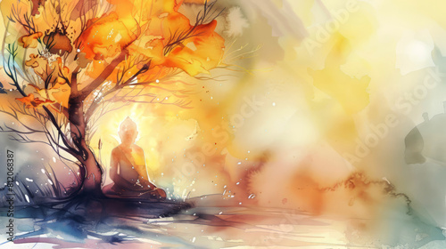 Watercolor painting illustration ao the Buddha meditating ander a tree. Ai Generative
