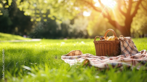 Na trawie leży kolorowy piknikowy koc obok kosza piknikowego. Słoneczna pogoda sprzyja piknikowaniu na świeżym powietrzu w parku
