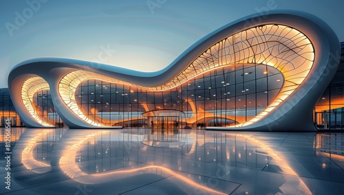 Illuminate the sleek curves and futuristic aesthetics of a state-of-the-art airport terminal, conveying a sense of innovation and modernity.