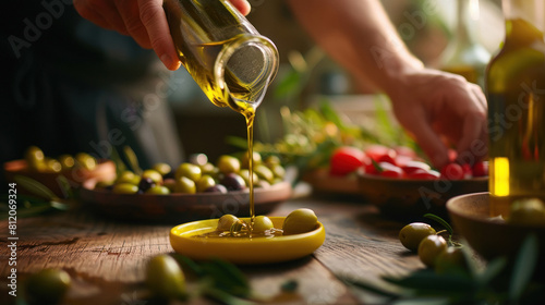 premium olive oil in Glass bottle with some olives