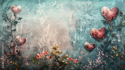 This is a beautiful image of a blue textured background with pink and red heart-shaped balloons.