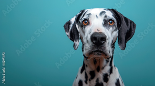 A dog breed dalmatian looking camera on blue background, copy space concept banner cover wide image