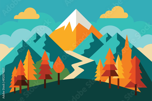 Autumn mountains hiking flat color vector poster