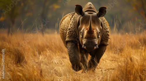 Full-Length Photo of Sumatran Rhino: Adult Herbivore Walking Outdoors on Dry Grass in Indonesia