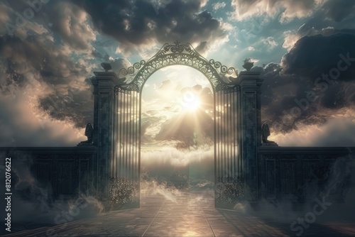 Heavenly Entrance: Pearly Gates Landscape Bathed in Light and Clouds