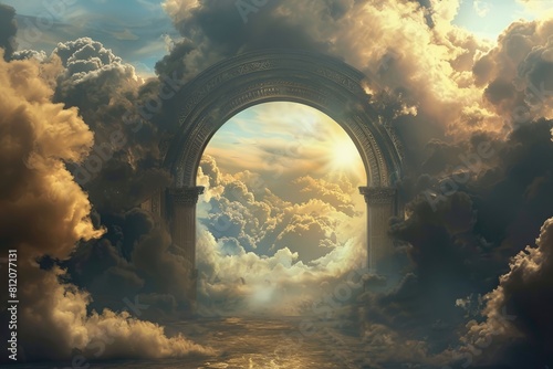 Pearly Gates of Heaven: A Surreal Landscape with a Heavenly Entryway and Ethereal Clouds