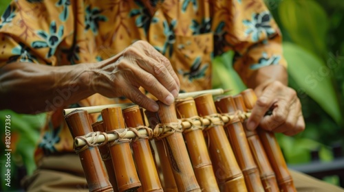 A man is skillfully playing the angklung a unique multitonal musical instrument that originated from the Sundanese culture Crafted from bamboo the angklung produces enchanting melodies that