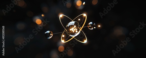 A stylized atom with glowing spheres orbiting a central nucleus, set against a black background