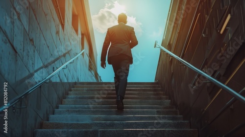 Ambitious businessman climbing the stairs to success. concept of career path success, future planning and business competitions. High quality photo Generative AI hyper realistic 
