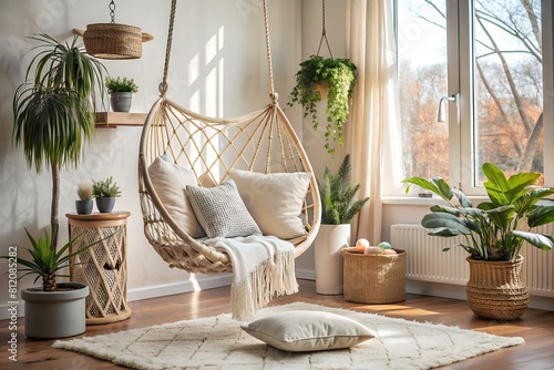 A living room with a white swing chair and a white blanket on it