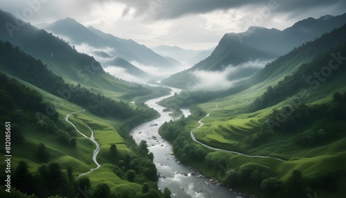 A lush, green mountain landscape with a winding river flowing through the valley, surrounded by misty, cloudy skies