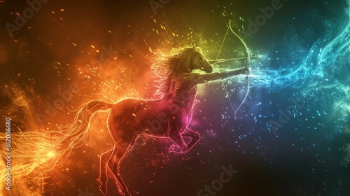Neon Fantasy Creatures Centaurs: A photo of imaginary creatures like centaurs depicted in neon colors