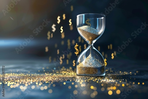 A gold hourglass with a pile of money on the ground