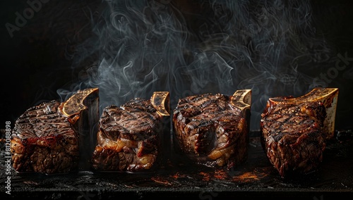 Juicy T-Bone steaks with grill marks are cooking over a hot charcoal flame on a barbecue grill, with smoke rising in the air, capturing the essence of outdoor summer BBQ