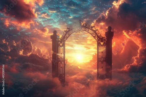 Heavenly Entry: A Glimpse of Paradise Through the Pearly Gates - Landscape Featuring a Majestic
