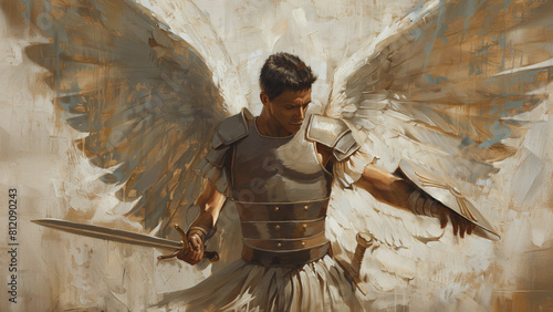 medieval angel with sword, St Archangel Michael art, oil painting and illustration