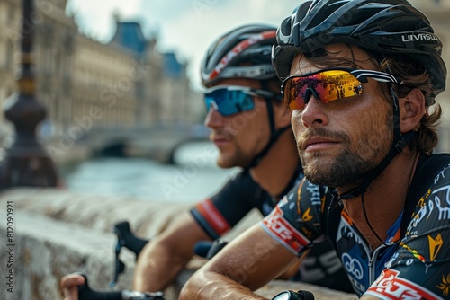 Two male cyclists wearing helmets and sports sunglasses rest near a river in a cityscape, reflecting on their journey.