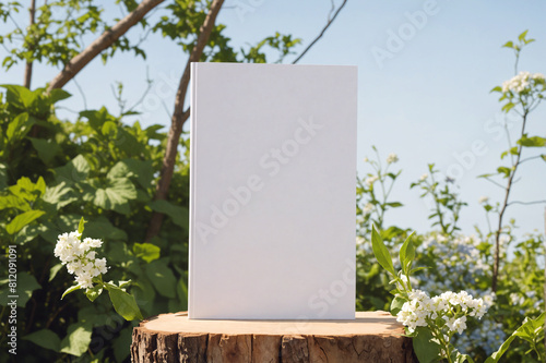 Blank book cover template standing on wooden stump against summer, spring blurred background, blooming flowers, nature, meadow, field. Front view of magazine mockup in natural light