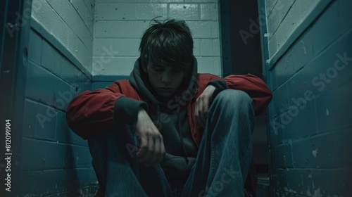 A despondent and forlorn teenager grappling with depression and battling drug addiction sits in isolation after indulging in substances This scene highlights the stark reality of homelessne