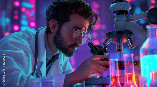 Scientist looking through a microscope in a laboratory.