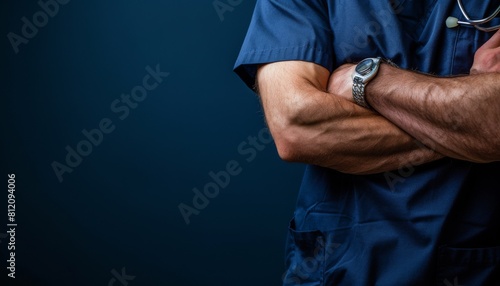Simple yet striking shot of a medical workers torso in navy blue scrubs, conveying a sense of expertise and trust