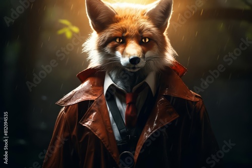 A cute of a red fox in a detectives trench coat, sleuthing through a misty forest, portrait with futuristic styles