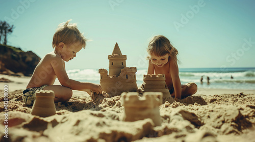 Children building sandcastles together on a beach, their imaginations running wild as they sculpt towers and moats. Dynamic and dramatic composition, with copy space