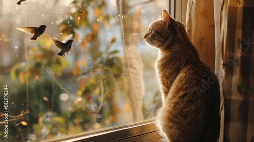 A cat sitting on a windowsill, watching birds outside