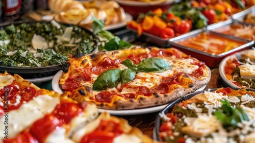 A colorful display of Italian flaginspired dishes like Margherita pizza, pesto pasta, and tiramisu